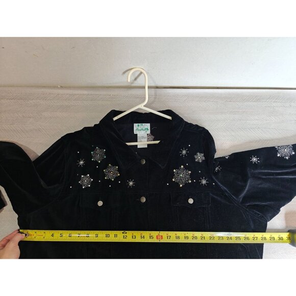 Vtg Quacker Factory Black Velvet Embroidered Snowman Snowflake Shirt Jacket 3X - Picture 7 of 8